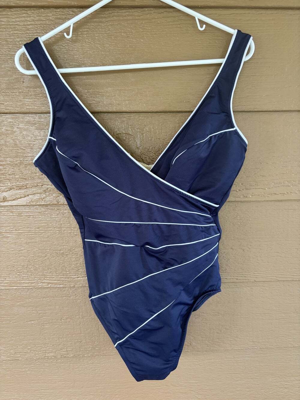 Miraclesuit Navy One-Piece Swimsuit White Piping Size 14